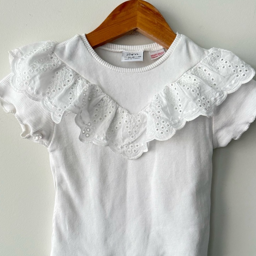 Zara Baby White Ribbed Tee with Eyelet Ruffles - Picture 4 of 4